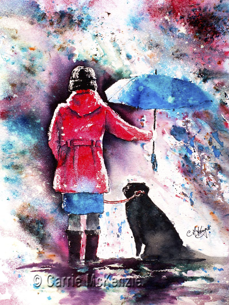 rain painting, umbrella painting, dog painting, girl painting, rain art, umbrella art, dog art, dog, girl, rain, umbrella
