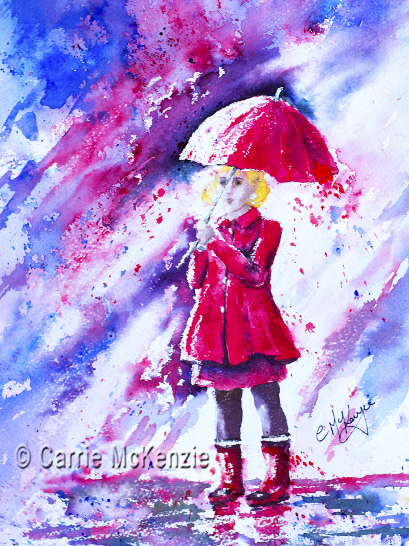 rain, rain painting, umbrella umbrella painting, child, child painting, girl, girl painting, red umbrella, rain art, umbrella art, child art, people
