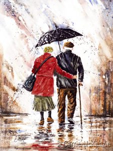couple, old couple, rain, raining, umbrella